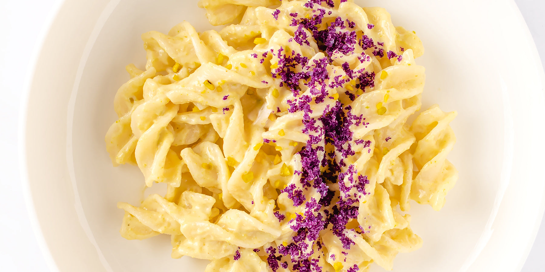 White Corn Fusilloni with Pistachio Cream Cheese and Purple Cauliflower