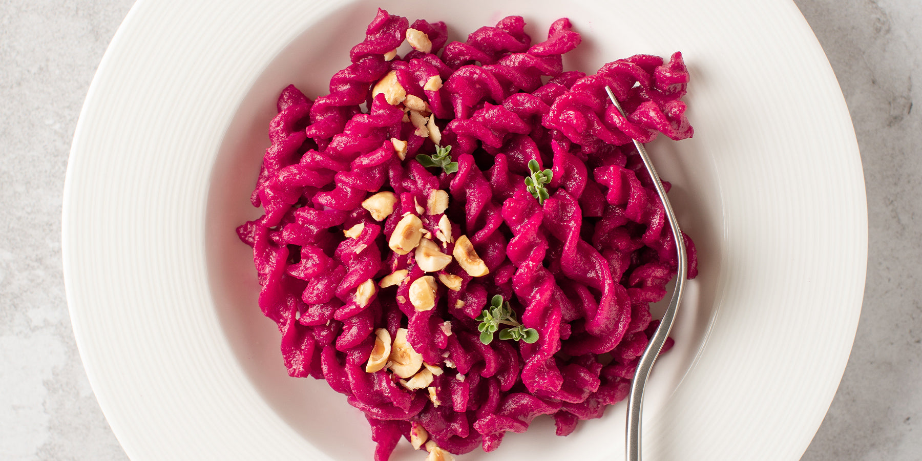 White Corn Fusilli with Beetroot and Hazelnuts