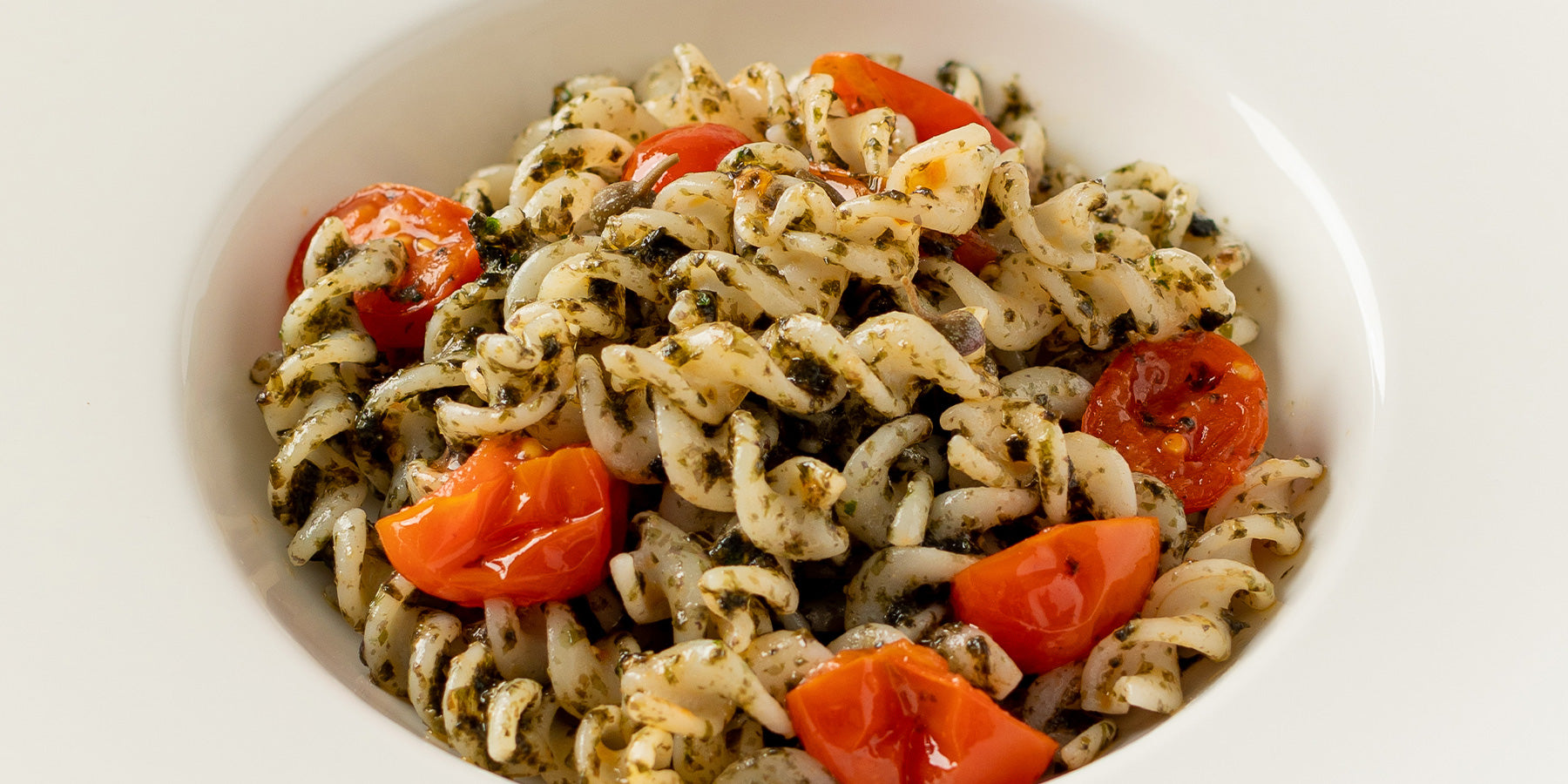 White Corn Fusilli “Alla Puttanesca” with Nori Seaweed Pesto, and Capers